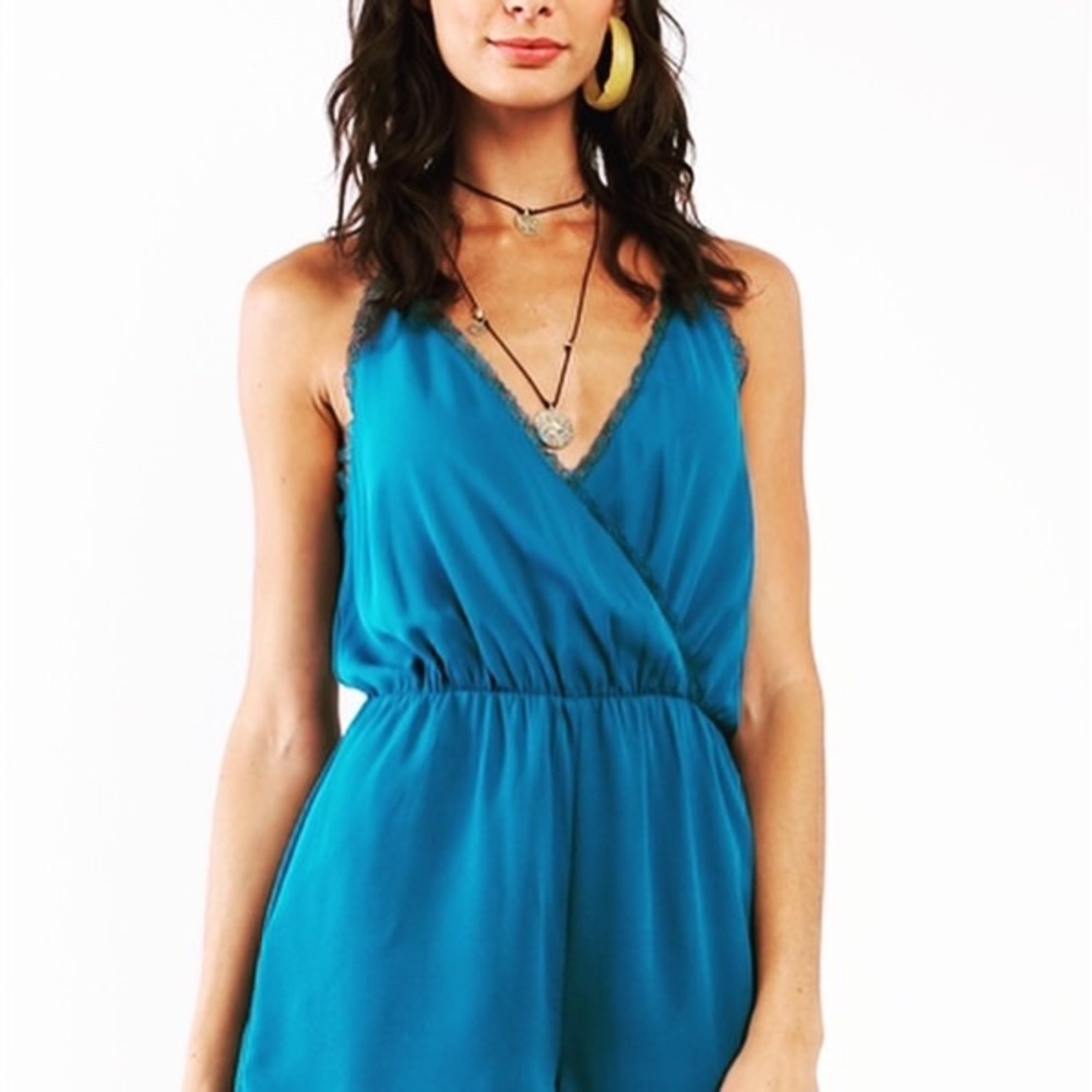 Sleeveless Romper with Lace Hem in Teal